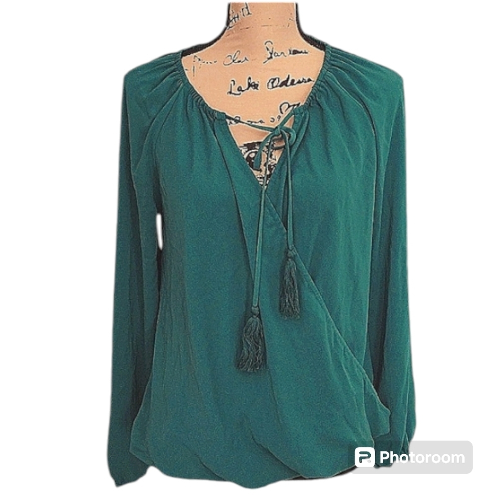 Naked Zebra Faux Wrap Blouse Size Small Green